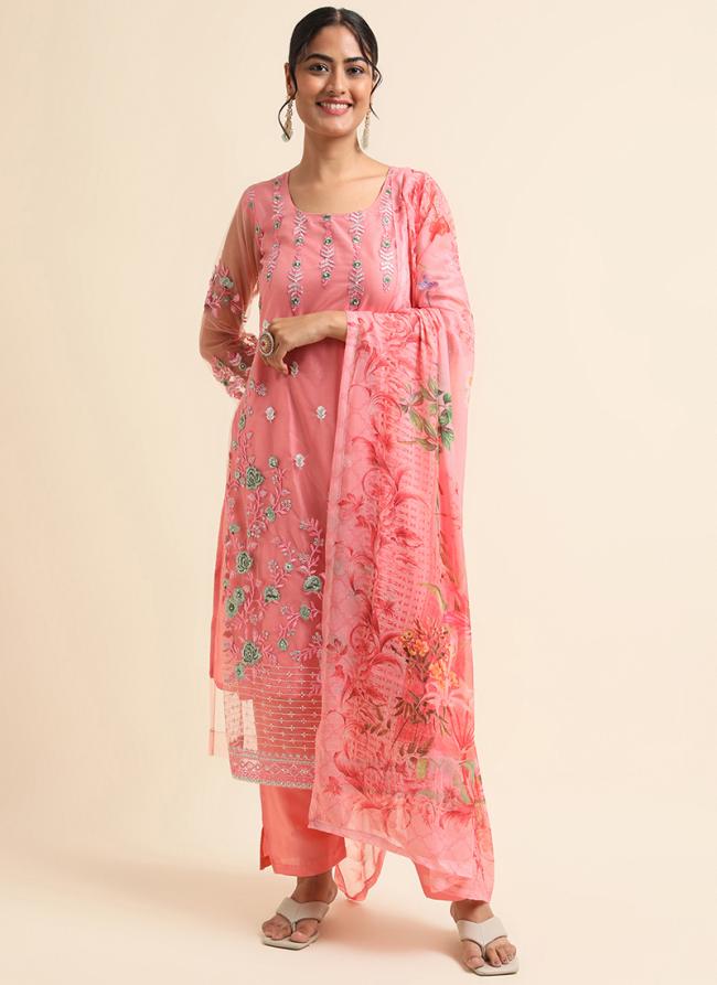 Net Pink Traditional Wear Zari Work Straight Suit